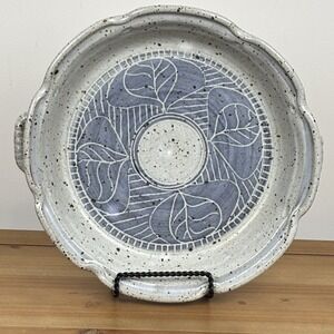 Vintage Studio Pottery Blue Leaf Scalloped Pie Dish 11" Handles Rustic Artisan
